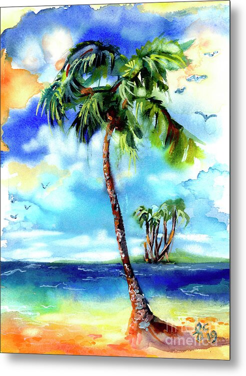 Island Paradise Metal Print featuring the painting Island Solitude Palm Tree and Sunny Beach by Ginette Callaway