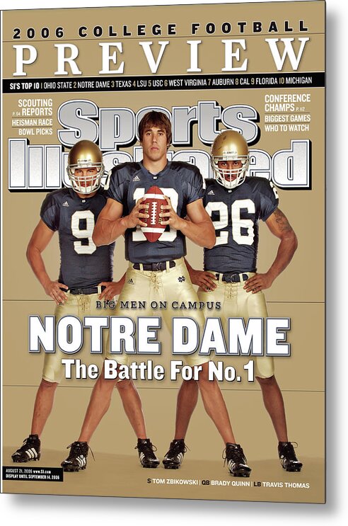 Brady Quinn Metal Print featuring the photograph Notre Dame Qb Brady Quinn, Travis Thomas, And Tom Zbikowski Sports Illustrated Cover by Sports Illustrated