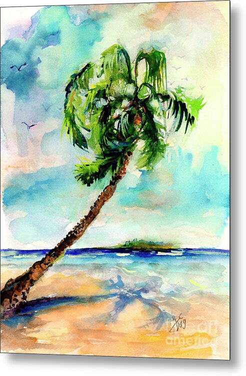 Palm Trees Metal Print featuring the painting Palm Tree and Beach Watercolor by Ginette Callaway