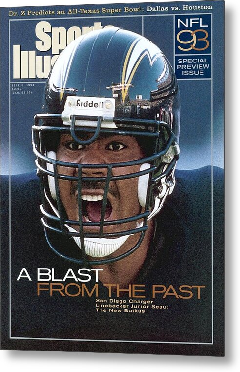 Magazine Cover Metal Print featuring the photograph San Diego Chargers Junior Seau, 1993 Nfl Football Preview Sports Illustrated Cover by Sports Illustrated