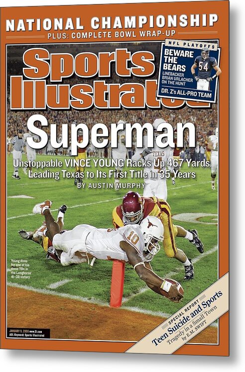 Magazine Cover Metal Print featuring the photograph Texas Qb Vince Young, 2006 Rose Bowl Sports Illustrated Cover by Sports Illustrated