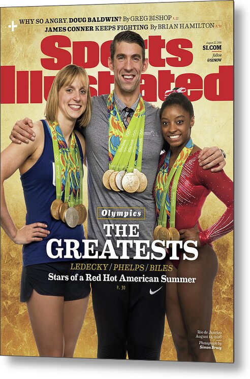 Magazine Cover Metal Print featuring the photograph The Greatests Ledecky Phelps Biles Sports Illustrated Cover by Sports Illustrated