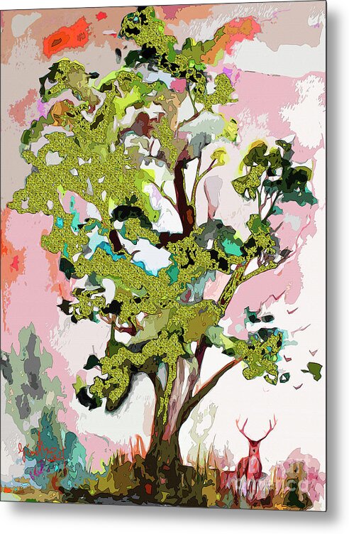 Abstract Art Metal Print featuring the mixed media Abstract Magic Tree and Deer by Ginette Callaway