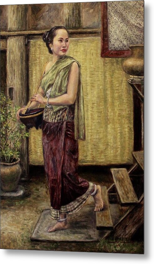 Lao Woman Metal Print featuring the painting Young Woman Going to the Market by Sompaseuth Chounlamany