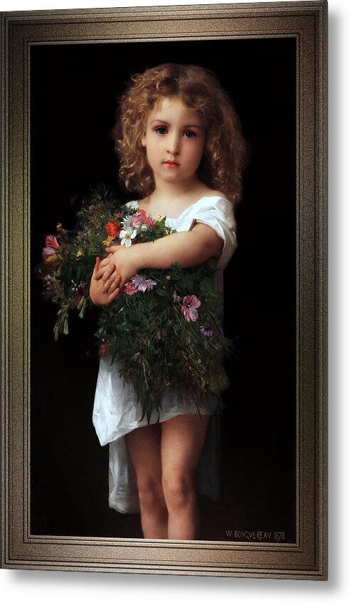 Little Girl With Flowers Metal Print featuring the painting Little Girl With Flowers by William-Adolphe Bouguereau by Rolando Burbon