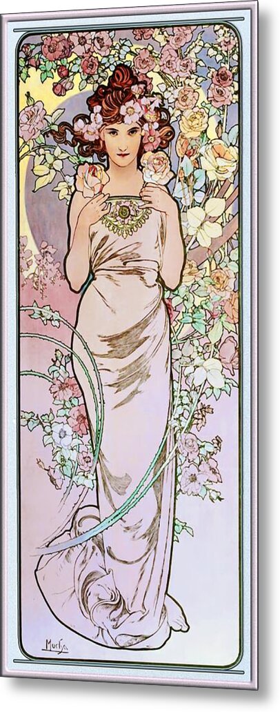 Rose Metal Print featuring the painting Rose by Alphonse Mucha by Rolando Burbon
