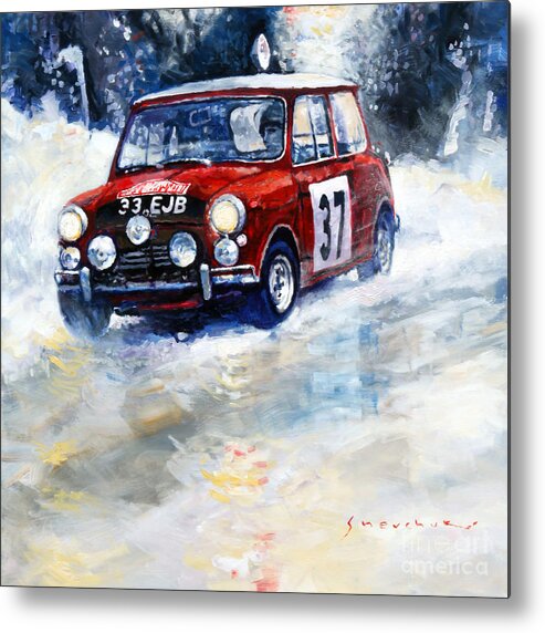 Oil Metal Print featuring the painting 1964 Rallye Monte Carlo Mini Cooper S Hopkirk Liddon winner by Yuriy Shevchuk