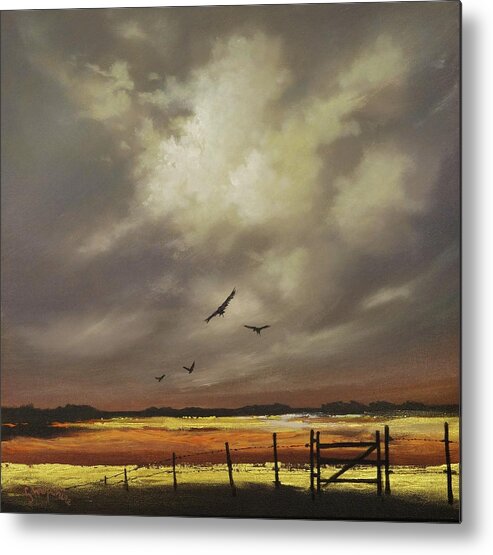 Contemporary Landscape; Orange And Gold; Billowing Clouds; Soaring Birds; Tom Shropshire Painting Metal Print featuring the painting Harvest Gold by Tom Shropshire