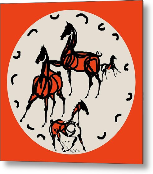 Horses Metal Print featuring the digital art Horses red plate by Mary Armstrong