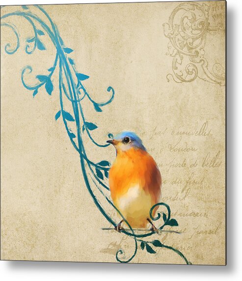 French Metal Print featuring the painting Small Vintage Bluebird with Leaves by Jai Johnson