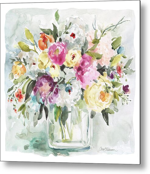Multicolored Atercolor Floral Bouquest In Glass Jar Pinks Yellows Purple White Green Metal Print featuring the painting Casual Arrangment 2 by Carol Robinson