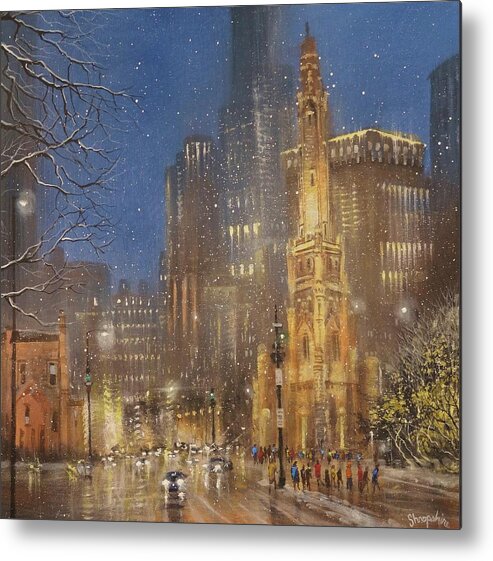 Snow Scene Metal Print featuring the painting Chicago Water Tower by Tom Shropshire