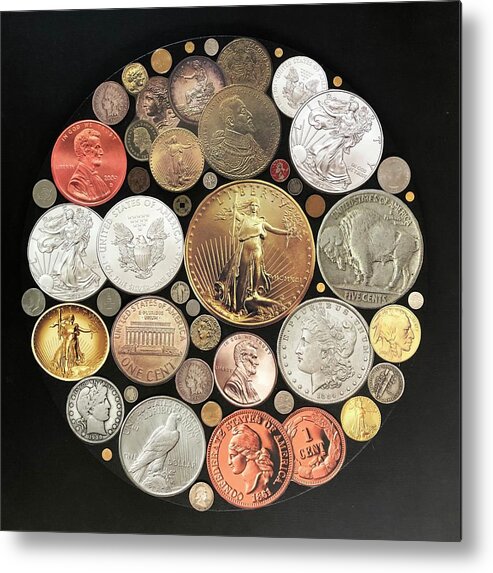 Collage Metal Print featuring the mixed media Circle of Coins by Douglas Fromm