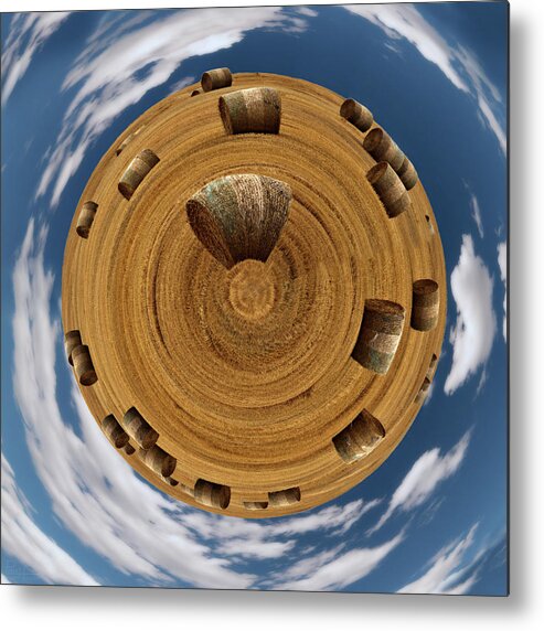 Hay Little Planet Planet Farm Bales Round Wheat Straw Circular Haybale Stubble Cloud Sky Nd North Dakota Farm Farming Ag Agriculture Cows Feed Harvest Metal Print featuring the photograph Hay Planet by Peter Herman