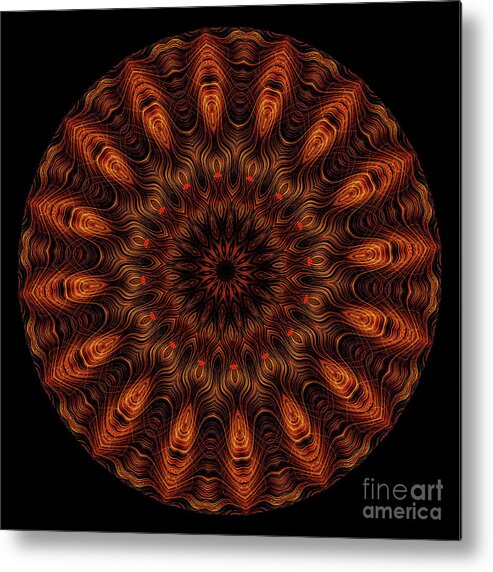 3 Dimensional Metal Print featuring the digital art Intricate 31 orange, red and yellow mandala kaleidoscope by Amy Cicconi
