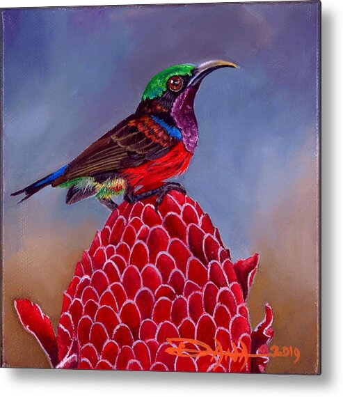 Birds Metal Print featuring the painting Purple Throated Sunbird on Red Torch Ginger by Dana Newman