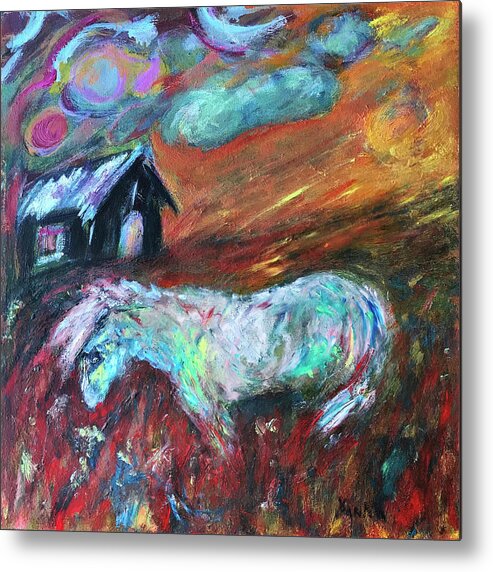 Original Oil Painting Katt Yanda Painted Pony Horse Artwork Metal Print featuring the painting The Painted Pony by Katt Yanda