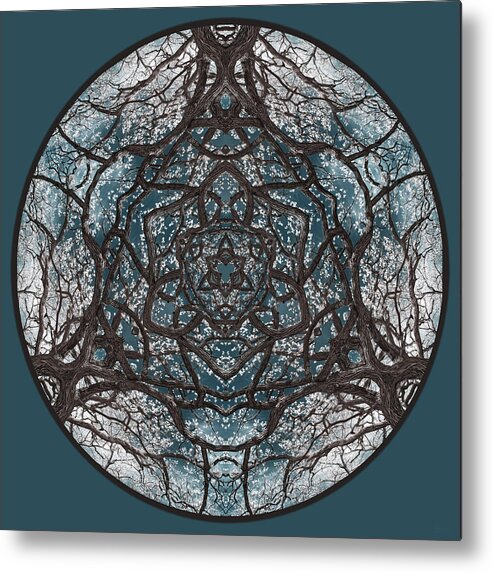Celtic Metal Print featuring the photograph CeltOak Creation - Celtic trinity knot triquetra vibes evoked by kaleidoscopic view of an oak tree by Peter Herman