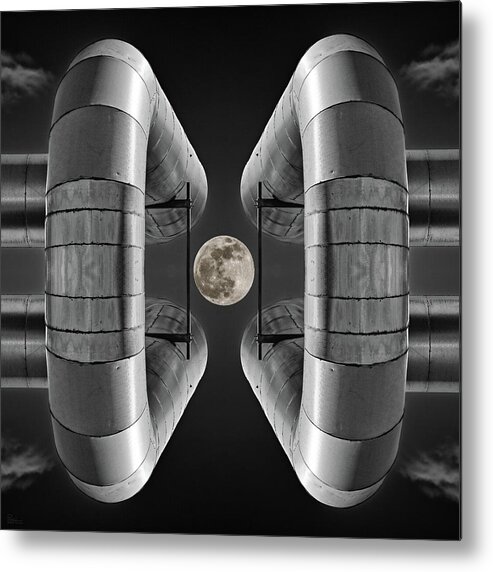 Lunar Metal Print featuring the photograph Lunaroyal - mirrored Uniroyal Building Industrial ductting with full moon - square crop by Peter Herman
