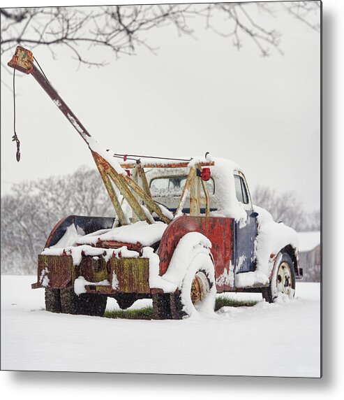 Tow Truck Metal Print featuring the photograph Ready for Action - Vintage tow truck at Olson's Auto Exchange near Stoughton WI by Peter Herman