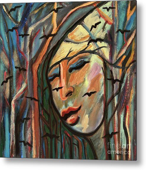 Katt Yanda Metal Print featuring the painting Woman in Woods with Birds by Katt Yanda