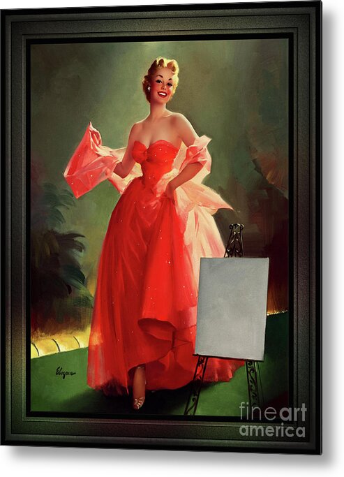 Runway Model Metal Print featuring the painting Runway Model In A Pink Dress by Gil Elvgren Pin-up Girl Wall Decor Artwork by Rolando Burbon