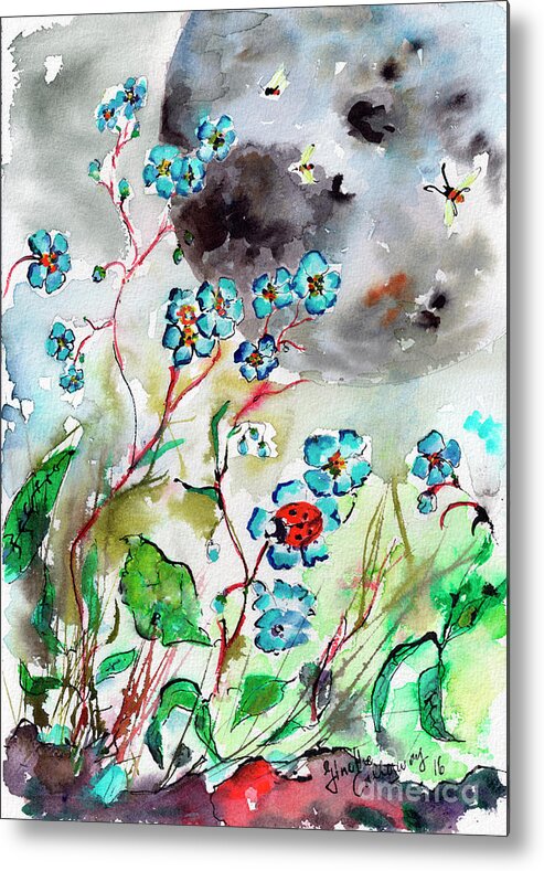 Botanical Metal Print featuring the painting Forget Me Not and Super Moon Watercolor by Ginette Callaway