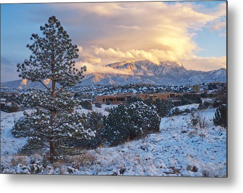 Landscapes Metal Print featuring the photograph Sandia Mountains with Snow at Sunset by Mary Lee Dereske