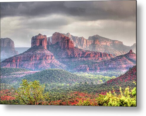 Nature Metal Print featuring the photograph Storm Clouds Red Rocks by Harold Rau