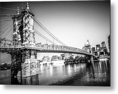 2012 Metal Print featuring the photograph Cincinnati Roebling Bridge Black and White Picture #1 by Paul Velgos