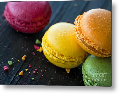 Macaroon Metal Print featuring the photograph Closeup of colorful macaroons #1 by Anna-Mari West