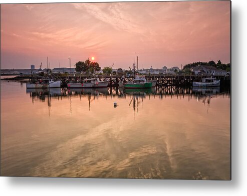 Early Morning Metal Print featuring the photograph Hazy Sunrise Over The Commercial Pier Portsmouth NH by Jeff Sinon