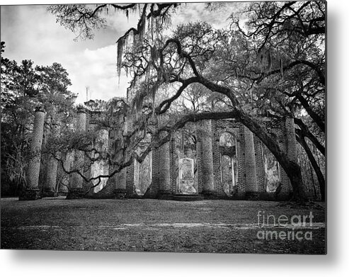 Old Sheldon Church Metal Print featuring the photograph Historic Sheldon Church 4 BW #1 by Carrie Cranwill