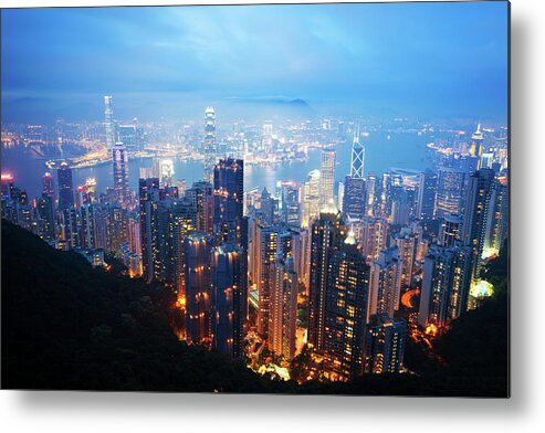 Scenics Metal Print featuring the photograph Hong Kong Skyscrapers At Night #1 by Fzant