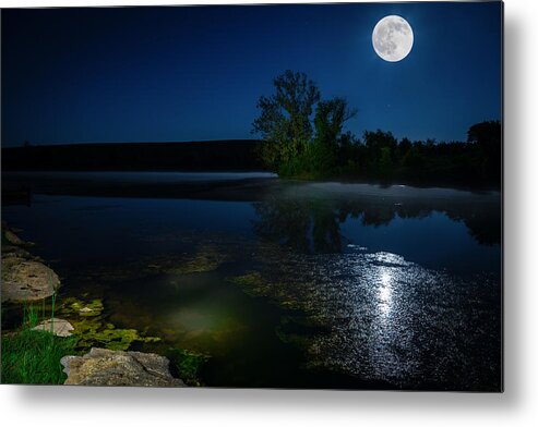 Night Metal Print featuring the photograph Moon over lake #2 by Alexey Stiop
