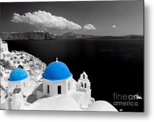 Greece Metal Print featuring the photograph Oia town on Santorini island Greece Blue dome church black and white. #1 by Michal Bednarek