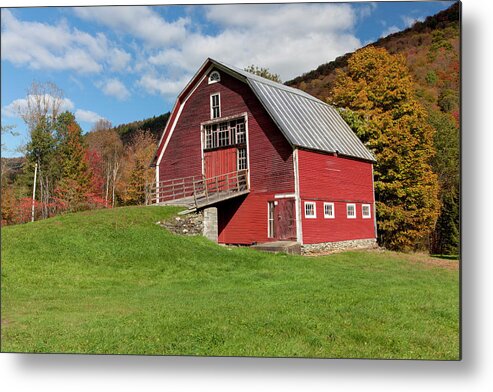 Autumn Metal Print featuring the photograph Red Barn With Blue Sky Along Route 100 #1 by Jenna Szerlag