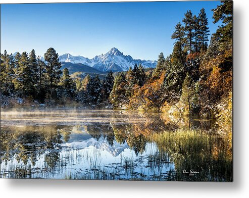 #colorado #mt Sneffles #ridgway #autumn #blue #dew #fall #grass #mist #orange #pond #reflection #snow #sony #zeiss #ordway Metal Print featuring the photograph Reflections of Fall #1 by David Soldano