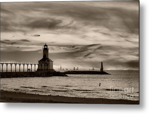 Lighthouse Metal Print featuring the photograph Sunset Walk at Michigan City by Brett Maniscalco