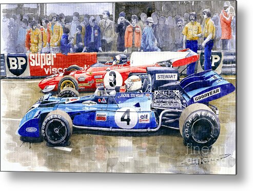 Shevchukart Metal Print featuring the painting 1972 French GP Jackie Stewart Tyrrell 003 Jacky Ickx Ferrari 312B2 by Yuriy Shevchuk