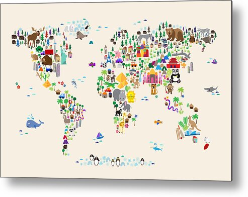 Map Of The World Metal Print featuring the digital art Animal Map of the World for children and kids #2 by Michael Tompsett