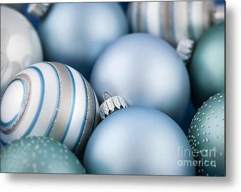 Christmas Metal Print featuring the photograph Blue Christmas ornaments 1 by Elena Elisseeva