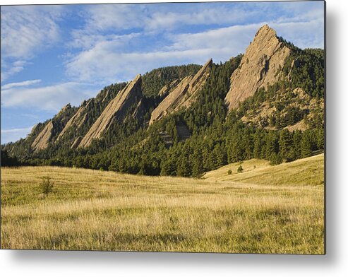 'boulder Photos' Metal Print featuring the photograph Flatirons with Golden Grass Boulder Colorado by James BO Insogna