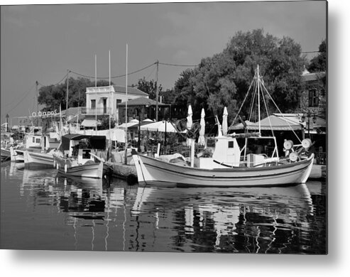 Lesvos; Lesbos; Molyvos; Molivos; Mithimna; Mithymna; Village; Town; Port; Harbor; Island; Boat; Boats; Fishing; Sea; Greece; Hellas; Aegean; Summer; Holidays; Vacation; Tourism; Touristic; Travel; Trip; Voyage; Journey; Reflection; Reflections; Black And White; Black + White; B/w; B&w; B+w; Islands Metal Print featuring the photograph Molyvos port #2 by George Atsametakis