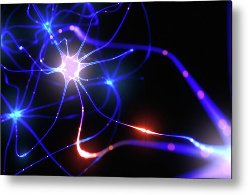 3 Dimensional Metal Print featuring the photograph Nerve Cells And Electrical Pulses #2 by Ktsdesign/science Photo Library
