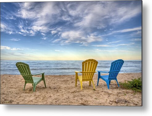 Chairs Beach Water Lake Sky Ocean Summer Relax Lake Michigan Wisconsin Door County Sand Chair Clouds Horizon Peace Calm Quiet Rest Vacation Waves Home Decor Fine Art Photography Fine Art For Sale Blue Yellow Green Landscape Photography Nautical Beach Scene Outdoors Shore Coast Metal Poster featuring the photograph 3 Chairs by Scott Norris