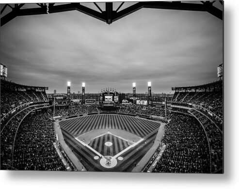 Chicago Metal Print featuring the photograph Comiskey Park Night Game - Black and White #3 by Anthony Doudt