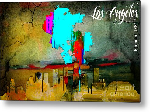 Los Angeles Art Metal Print featuring the mixed media Los Angeles Map and Skyline #5 by Marvin Blaine