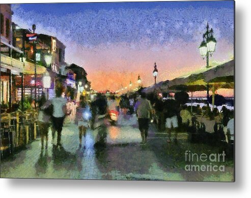 Lefkada; Lefkas; City; Town; Island; People; Tourists; Dusk; Sunset Metal Print featuring the painting Sunset in Lefkada town #2 by George Atsametakis