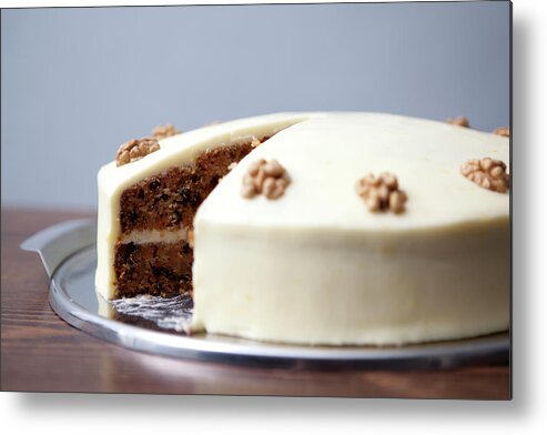 Unhealthy Eating Metal Print featuring the photograph A Carrot Cake With A Slice Missing For by Halfdark